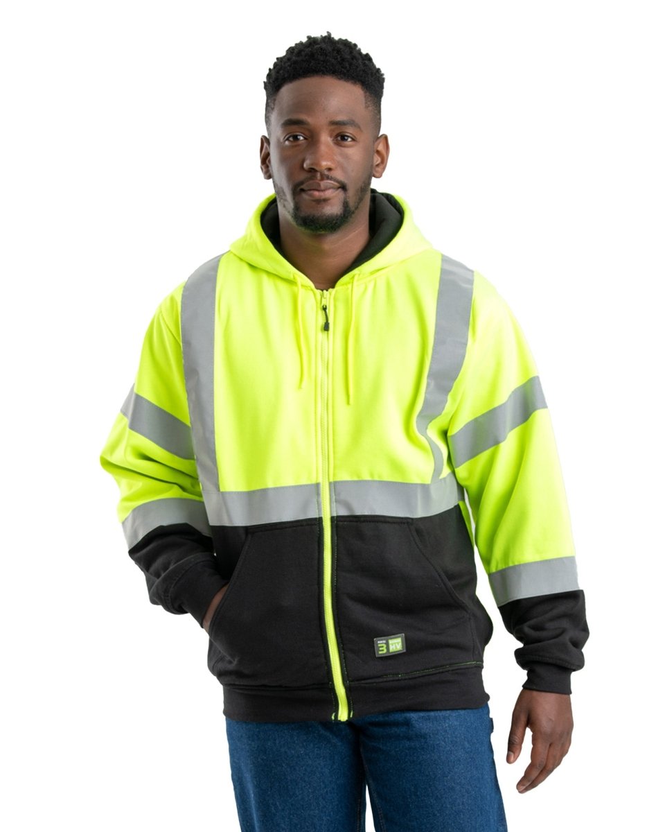 Product photo of yellow class 3 hi vis colour block hooded sweatshirt