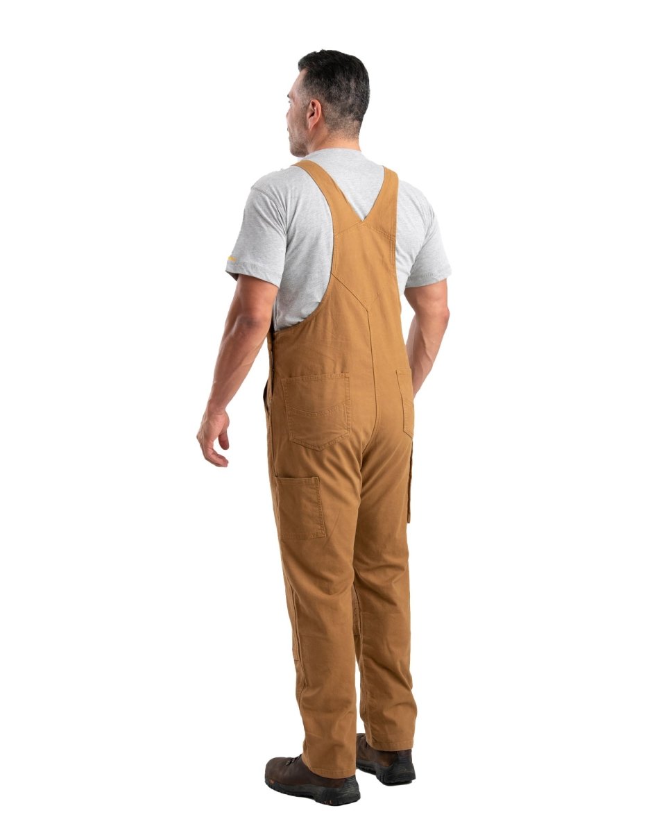 Product photo of duck bib overalls with reinforced knees, alternate shot