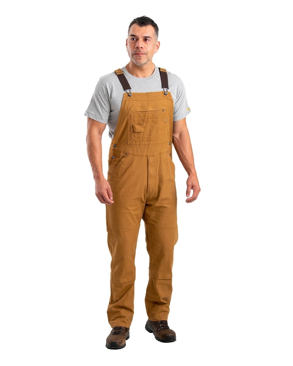 Product photo of duck bib overalls with reinforced knees, alternate shot