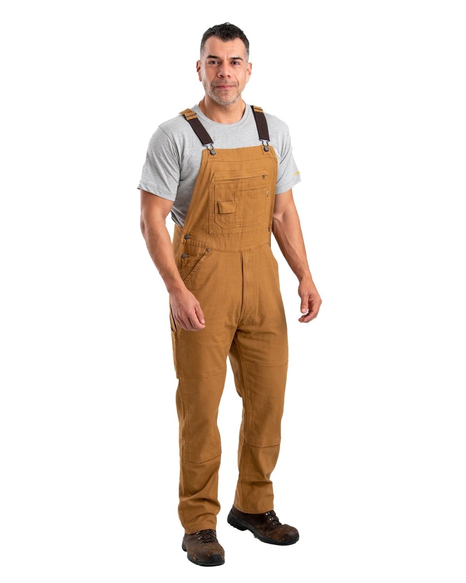Product photo of duck bib overalls with reinforced knees