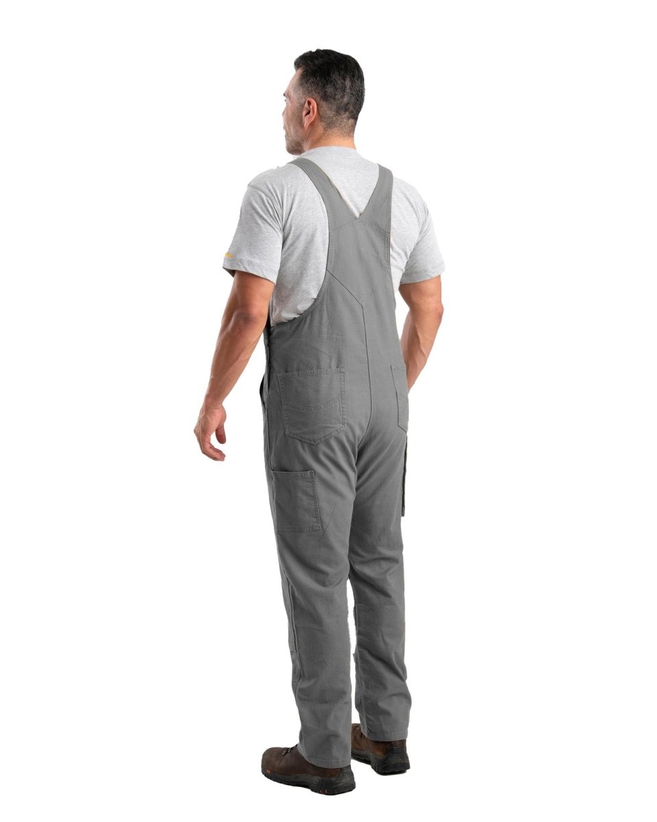 Product photo of duck bib overalls with reinforced knees, alternate shot