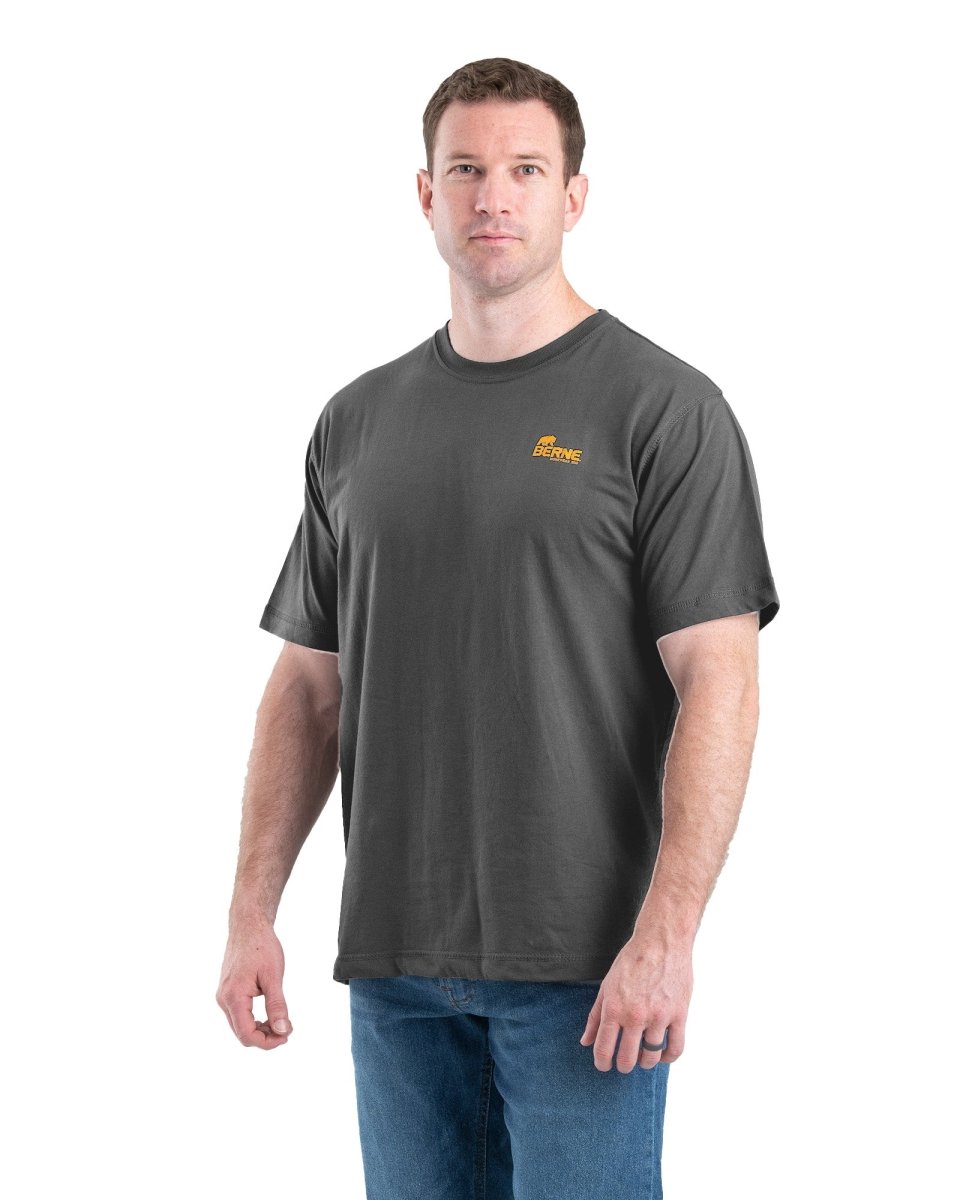 Product photo of black performance tee with a chest logo, alternate shot