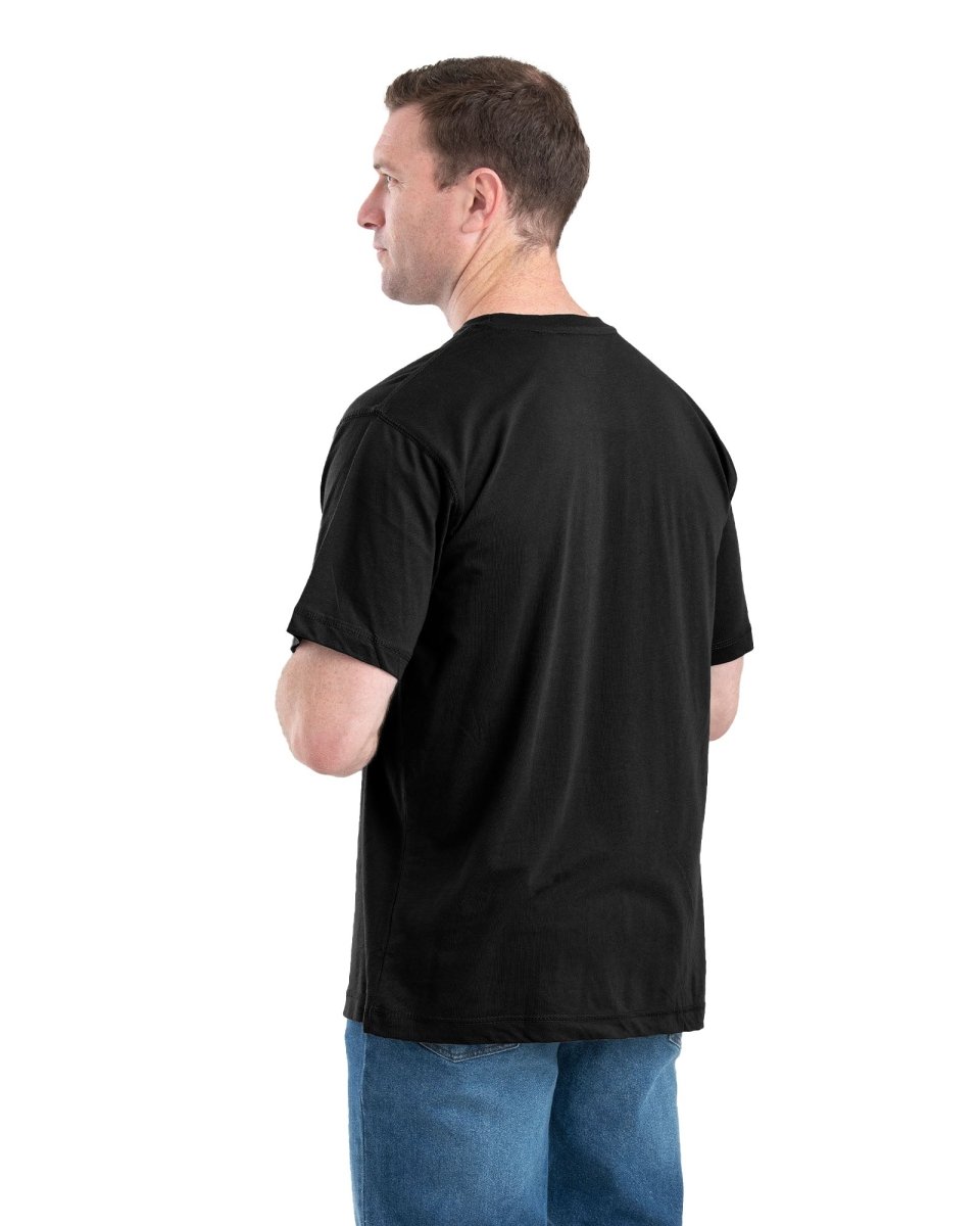 Product photo of black performance tee with a chest logo, alternate shot