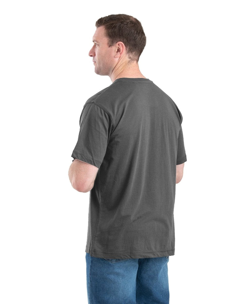 Product photo of black performance tee with a chest logo, alternate shot