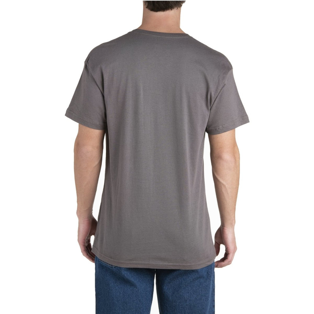 Product photo of black tee with a vertical print, alternate shot