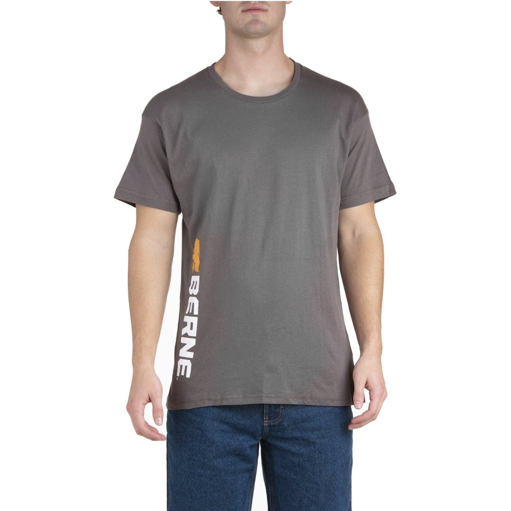 Product photo of black tee with a vertical print