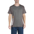 Product photo of black tee with a vertical print