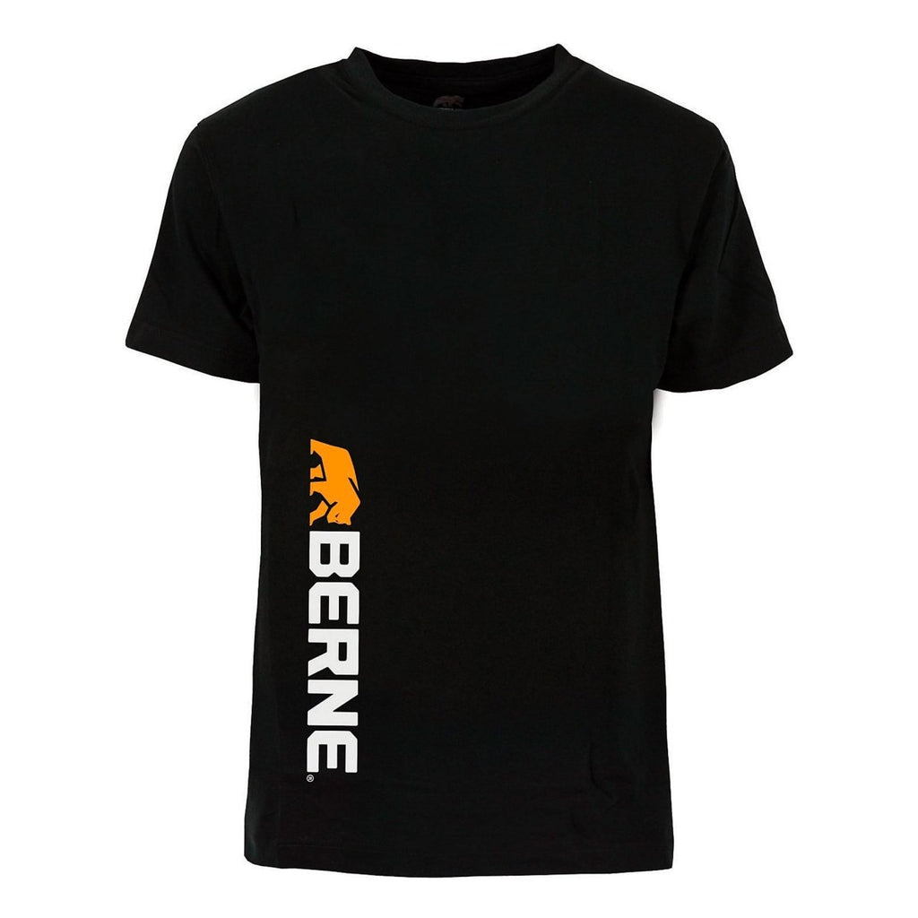 Product photo of black tee with a vertical print, alternate shot